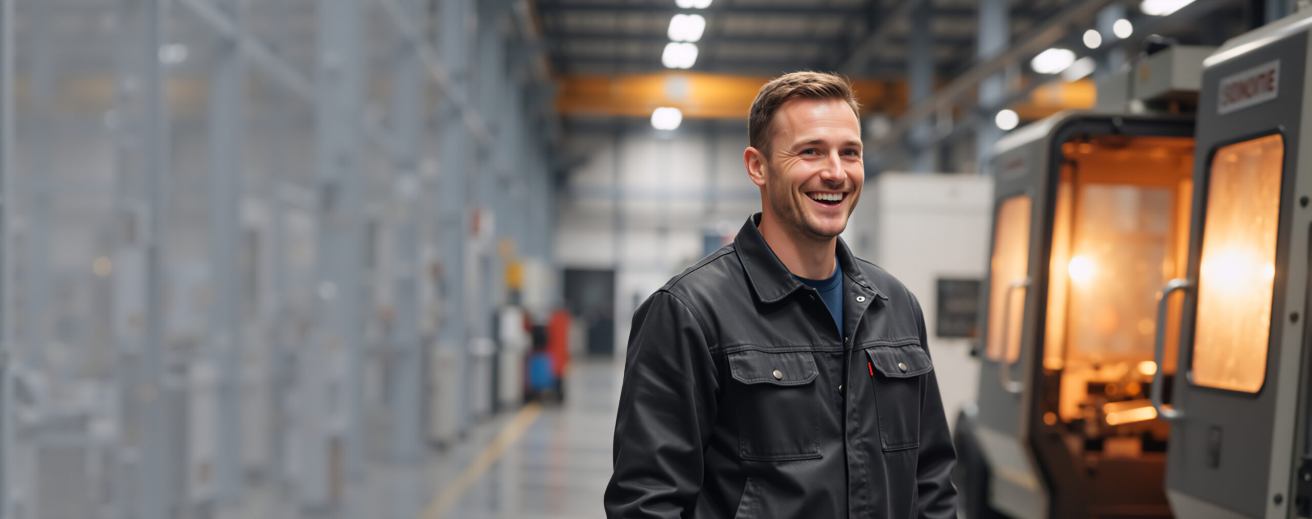 A medium shot of a smiling male industrial worker or technician standing in a large, modern manufacturing facility. He is wearing a dark work jacket, grey protective gloves, and a tool belt equipped with various hand tools like screwdrivers and pliers. In the background, a large industrial machine with glowing orange lights is visible, along with the blurred interior of the factory aisle. The man appears confident and satisfied, representing skilled labor and professional maintenance in an industrial setting.